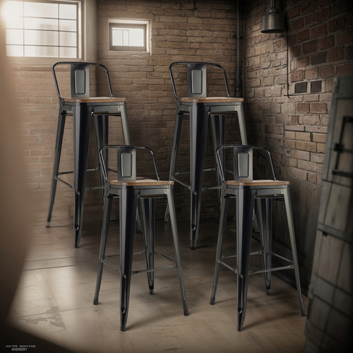 Pack 4 Pisos De Bar Tolix Con Asiento De Madera