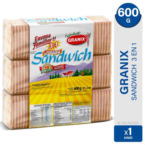 Imagen 1 de 6 de Galletitas Agua Granix Sandwich Crackers Granagua 3en1 600g