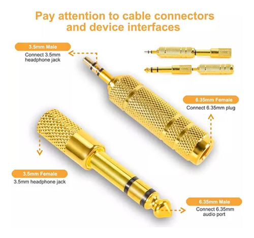 4 Pzs Conector Jack 6.35 Adaptador 3.5mm Estereo Pro Dorado Adecuado para micrófonos de altavoces de guitarra
