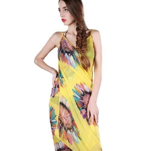 Pareo Tipo Vestido Unitalla Floreado Color Amarillo M6205