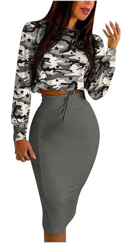 Conjunto De Falda Y Blusa De Manga Larga Con Cuello Redondo