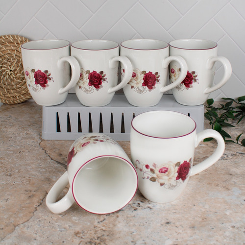 Juego 6 Tazas Decoradas Flores Cerámica 380 Ml Vencort