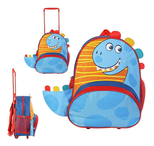 Mochila De Rodinhas E Bolso Escolar Dino Azul 14 Litros