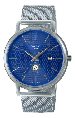 Reloj Casio Mtp-b125m-2a Metal Calendario Sumergible Unixes Color De La Malla Plateado Color Del Bisel Plateado Color Del Fondo Azul