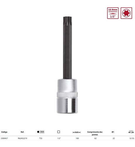 Chave Soquete 1/2 Torx Longo T55 - Gedore Red