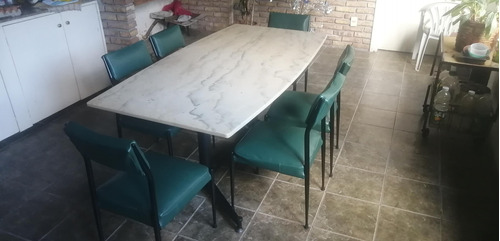 Mesa Mármol Con 6 Sillas Tapisado Pantasote Verde Oscuro