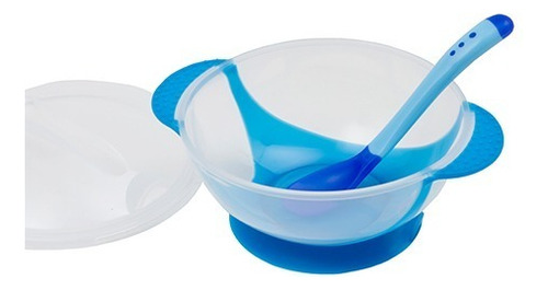 Plato Bowls Con Tapa + Cuchara Termosensible Base C/ Sopapa Color Azul