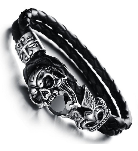 Elegante Pulsera Cuero Acero Inoxidable Calavera B206 Cráneo