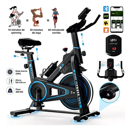 Bicicleta Bike Ergométrica Inércia 25kg com Bluetooth APP Spinning com Tela Profissional Suporte 250kg fitness