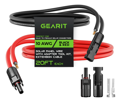 Gearit Cable De Extension Solar 10awg (20 Pies Negro - 20 Pi