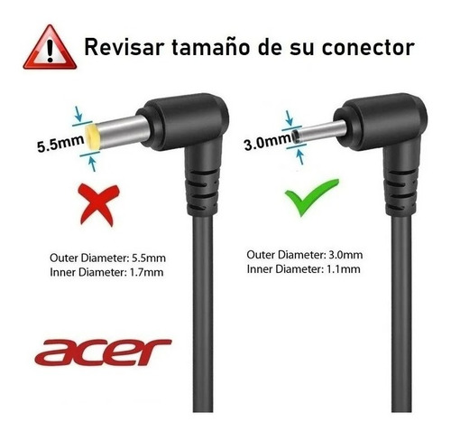 Imagen 2 de 6 de Cargador Notebook Acer Aspire 19v 3.42a 65w 3.0x1.0mm