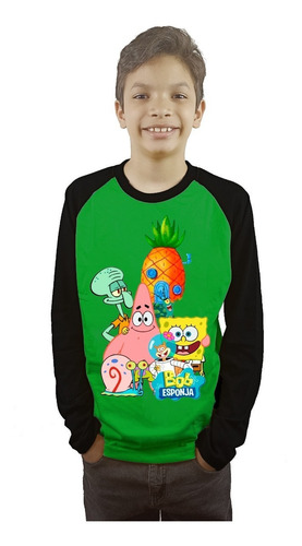 Polera Bob Esponja Para Niños Manga Larga Dtf Cod 001