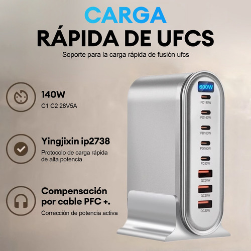 Cargador Múltiple Pd De Escritorio De 600 W, 4a4c Gan, 8 Pue