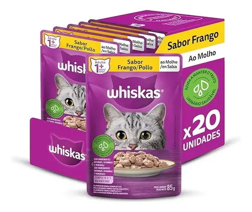 Pack Ração Úmida Whiskas Sachê Frango/ Molho Ad. 85g 20 Und
