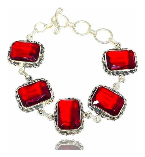 Pulsera Plata 925, Granate Rojo Facetado 100% Natural