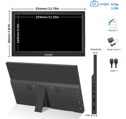 Monitor Portátil Lrtzcbi De 13.3 Pulgadas, Hd 1366x768p Pant