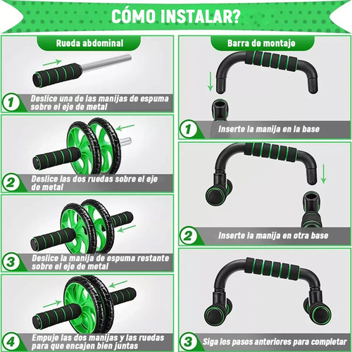 Kit Rueda Abdominal Barras Push-up Cuerda Ejercitado Verde