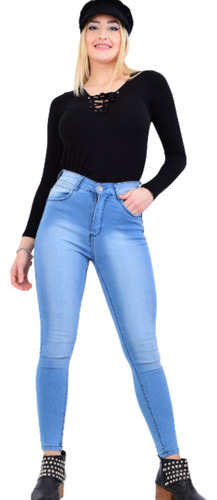 Jeans Chupin Celeste Localizado De Mujer Juvenil Tiro Alto