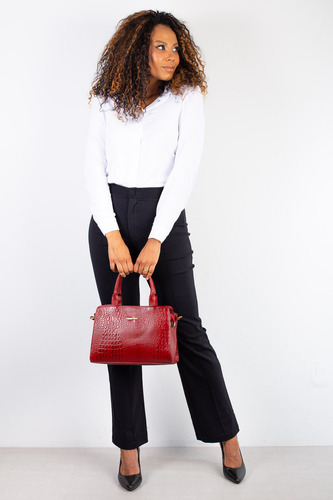 Bolsa De Couro Croco Estruturada Emili Cor Vermelho
