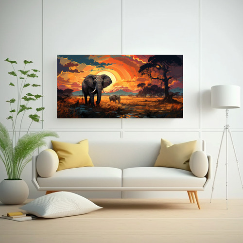 40x20cm Cuadro Elefante En La Sabana Pintura Estilo Óleo 21