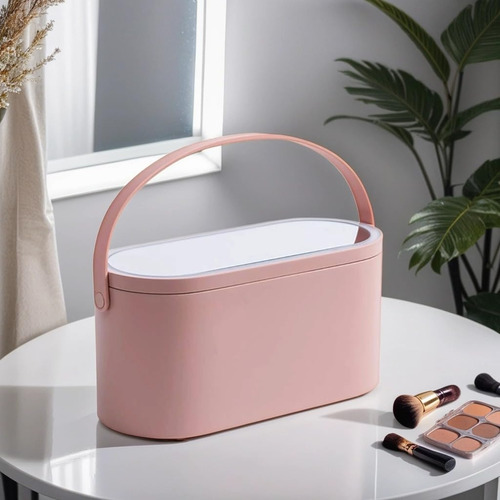 Caja Organizadora De Maquillaje Rosado Con Espejo Led