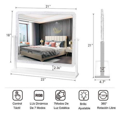 Espejo De Pie Rectangular Pared Luz Led Touch Rgb 14 Modos