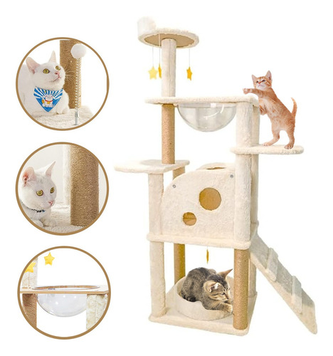 Pet King PK5922 Mueble Para Gatos Rascador Juguete Arbol Casa Esferas 142 Cm Color Beige Afelpado