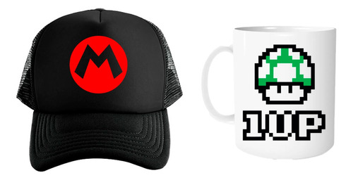 Gorra Unisex De Malla Y Taza 11oz Mario Bros 1up Gamer