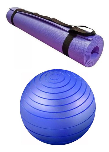 Kit 1 Tapete Yoga E 1 Bola 55cm Para Fisioterapia Exercícios Cor Lilás-Azul