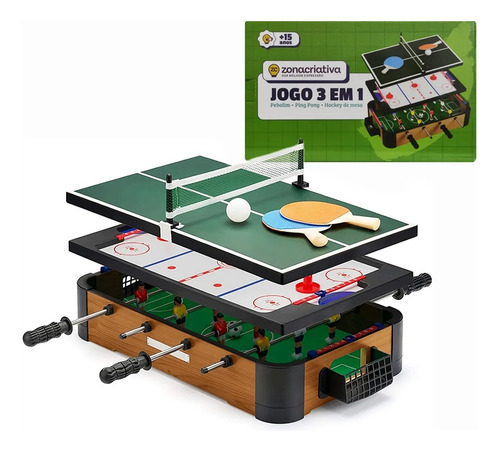 Jogo 3 Em 1 Pebolim Totó Ping-pong Hockey De Mesa 59x30cm Zc Mesa De Pebolim Verde