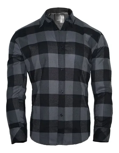 Camisa Franela De Cuadros Gris Oscuro Hombre Slim Fit