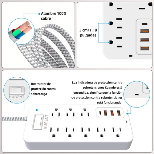 Regleta Multicontacto Con 3 Cargador Usb 8 Salidas 1 Tipo C