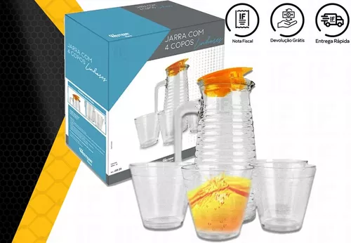 Kit Jarra 1 Litro Com 4 Copo Vidro Linhares Para Suco Água