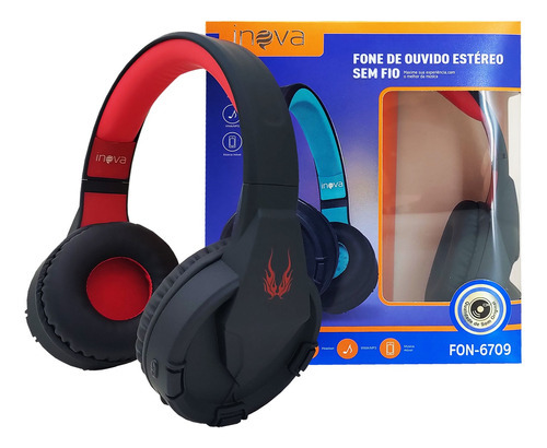 Fone Ouvido Bluetooth Sem Fio Headphone Áudio Stereo Inova Cor Vermelho