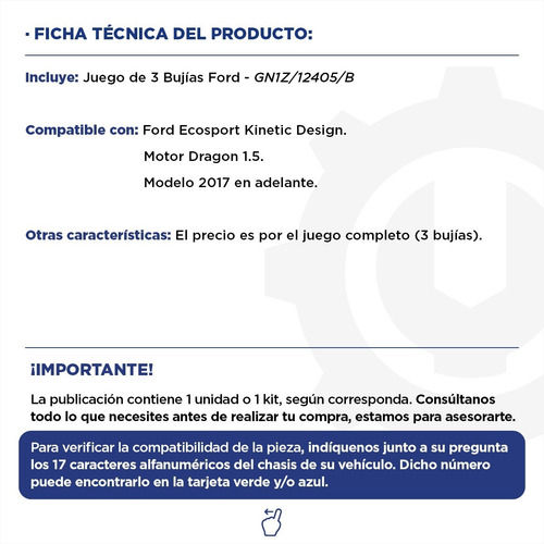 Imagen 2 de 6 de Juego De 3 Bujias Ford Ecosport 1.5 Dragon 3 Cilindros 17+
