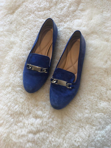 Loafers Mocasines Cuero Gamuza Azul Hebilla Via Uno 38 