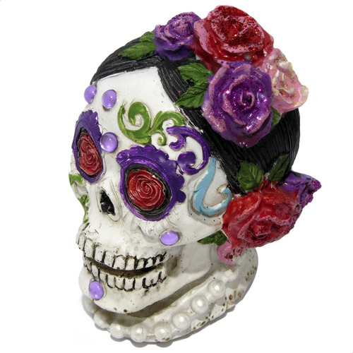 Calavera Con Vincha Flores Catrina Figura Decorativa 9cm