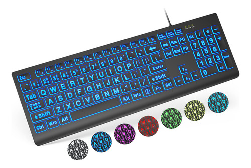 Teclado Retroiluminado Con Letras Grandes Usb 7 Colores Y 4