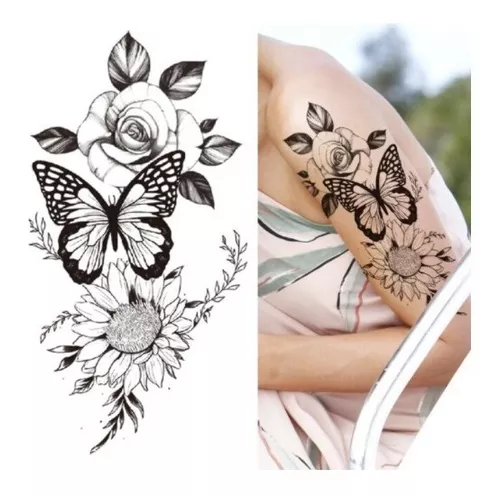 Tatuagem Temporária Feminina Fake Flor E Borboleta