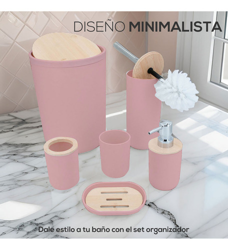 Accesorios De Baño 6 Piezas De Bambú De Lujo Wc Color Rosa Rosa