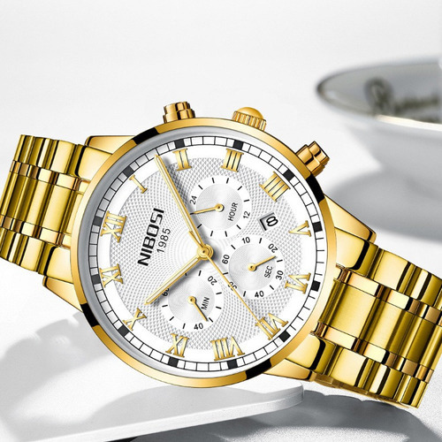 Reloj Nibosi Business Chronograph para hombre, luminoso, color de fondo dorado/blanco