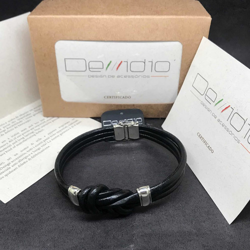 Pulseira Joia Masculina Nó Couro Preto Prata Lei Maciça 925