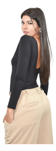 Body Manga Larga Escote Profundo Negro Lisa L