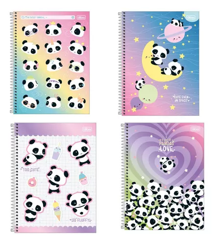 Kit Caderno Urso Panda Brochura 80 Folhas e Desenho 60 Folhas Capa