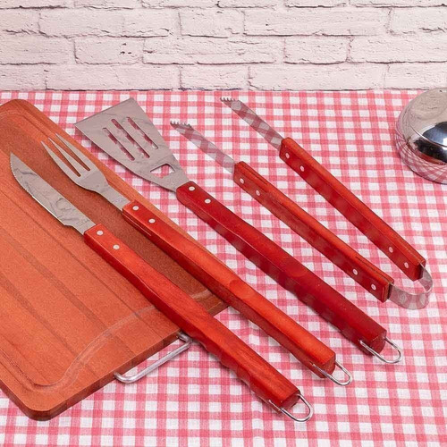 Imagem 2 de 4 de Kit Churrasco Inox 4 Pçs Com Cabos Compridos Mor