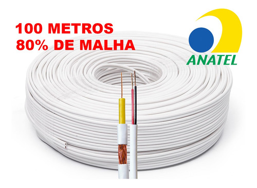 Cabo Coaxial Cftv Flexível 4mm Bipolar 2 Vias 80% Malha 100m