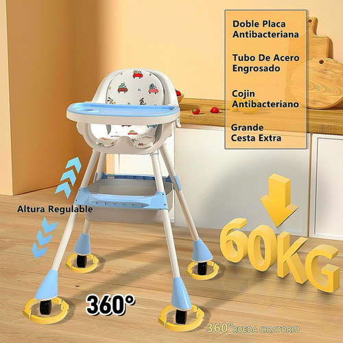 Ajustable Silla Alta Periquera Para Bebé Con Bandeja Silla Para Bebe 3 En 1 Azul