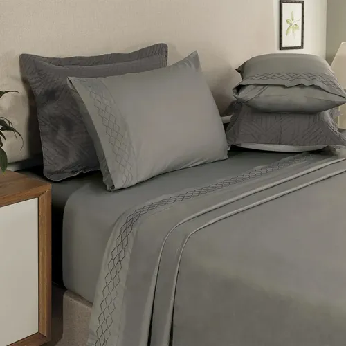Jogo De Lençol Cama Casal 4 Peças 300 Fios Bordado Verona Percal Taupe