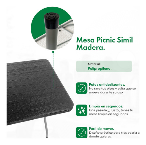 Mesa Para Jardin Exterior Plegable Picnic 180 x 74 Simil Madera Color Negro