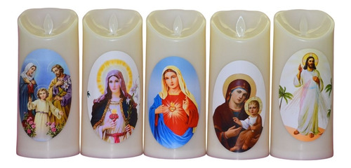 Set De 5 Velas Led 7.5 X 12.0 Cm Con Imágenes Religiosas.
